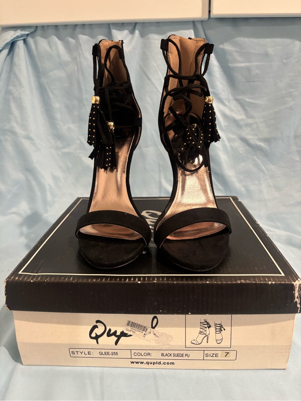 Black Suede Tassel Lace-Up Heels for Women